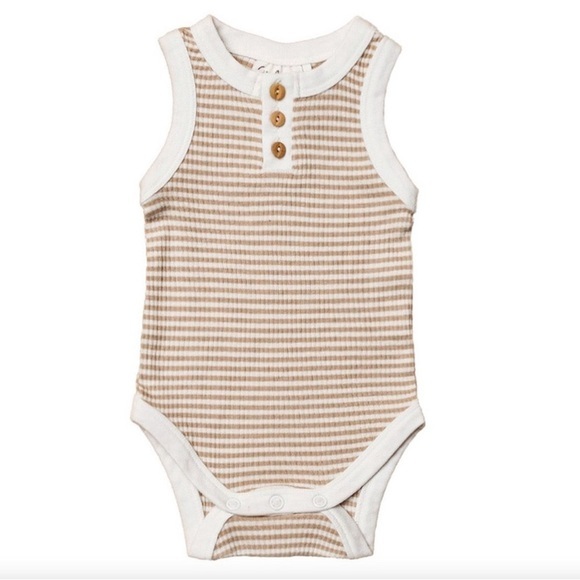 City Mouse - Ribbed Henley Tank Onesie‎ in Sesame Stripes - Picture 1 of 4